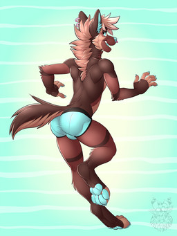 4_toes 5_fingers anthro barefoot biped briefs brown_body brown_fur brown_tail bulge butt claws clothed clothing digitigrade ear_piercing feet fingerless_(marking) fingers fluffy fluffy_tail fur green_background green_body green_claws green_eyes green_fur green_nose green_pawpads hair inner_ear_fluff looking_at_viewer looking_back male multicolored_body multicolored_fur multicolored_tail open_mouth pattern_background pawpads paws piercing rear_view simple_background snout solo tail tan_body tan_fur tan_hair tan_tail teal_briefs teal_clothing teal_underwear toe_claws toeless_(marking) toes topless tuft two_tone_tail underwear vallhound kilowolff canid canine canis mammal wolf 2016 3:4 digital_media_(artwork) full-length_portrait hi_res portrait watermark