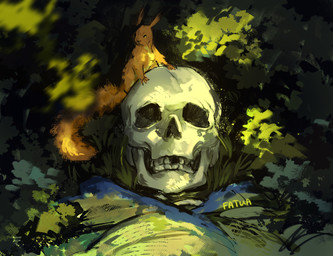 ambiguous_gender blue_clothing bone clothing feral fluffy fluffy_tail fur grass human_skull orange_body orange_fur plant skull solo tail fatuasun the_hunger_games ampert_latier mammal rodent sciurid tree_squirrel 2025 digital_media_(artwork) digital_painting_(artwork) hi_res painting_(artwork) shaded signature