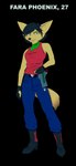 2012 a_fox_in_space anthro black_background black_hair black_nose canid canine clothed clothing fara_phoenix female fennec_fox fox fredryk_phox fully_clothed gloves green_eyes hair handwear hi_res holstered_pistol mammal nintendo simple_background solo star_fox true_fox yellow_body