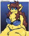 absurd_res anthro big_breasts blue_background blue_bra blue_clothing blue_eyes blue_panties blue_sclera blue_underwear blush blush_lines bra breasts brown_hair cheek_tuft chest_tuft cleavage clothed clothing eyelashes facial_tuft female fur generation_5_pokemon hair hi_res joltik long_hair navel nintendo panties pokemon pokemon_(species) princessnapped simple_background solo thick_thighs tuft underwear wide_hips yellow_body yellow_fur