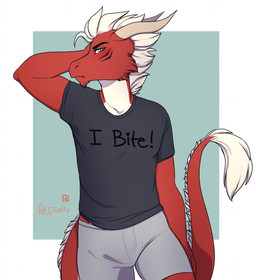 anthro bottomwear clothed clothing hair hand_behind_head horn pants red_body red_skin shirt shorts simple_background solo standing suggestive_shirt suggestive_topwear t-shirt tail tail_tuft text text_on_clothing text_on_shirt text_on_topwear topwear tuft white_hair redpixie mythology axis_(darkastray) dragon mythological_creature mythological_scalie scalie english_text hi_res