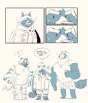 anthro bodily_fluids bottomwear clothing eyes_closed group male muscular question_mark shorts sweat text cyanroll kuon_(cyanroll) canid canine mammal raccoon_dog tanuki 2020 comic english_text hi_res