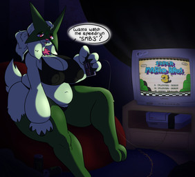 anthro big_breasts black_clothing black_panties black_topwear black_underwear breasts cleavage clothed clothing controller dialogue electronics eyelashes female front_view fur game_console green_body green_fur holding_controller holding_object huge_breasts looking_at_viewer mask monster_energy_can navel nipple_outline open_mouth overweight overweight_female panties pink_eyes pink_nose sitting solo speech_bubble talking_to_viewer text topwear underwear unfunnybill donkey_kong_(series) metroid monster_energy nintendo nintendo_entertainment_system pokemon super_mario_bros._3 diddy_kong donkey_kong_(character) samus_aran generation_9_pokemon meowscarada pokemon_(species) absurd_res english_text hi_res