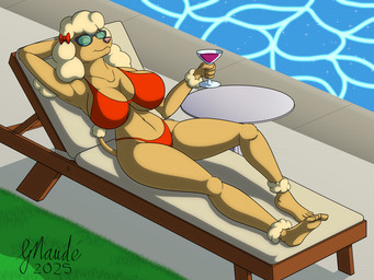 4_fingers 4_toes alcohol anthro beverage big_breasts bikini bikini_bottom bikini_top blonde_hair breasts clothed clothed_anthro clothed_female clothing container cup drinking_glass feet female fingers fur glass glass_container glass_cup hair hindpaw humanoid_hands navel paws pink_nose reclining solo swimming_pool swimwear tan_body tan_fur toes two-piece_swimsuit water wine wine_glass strikersa animalympics brenda_springer canid canine canis domestic_dog mammal poodle 2025 signature