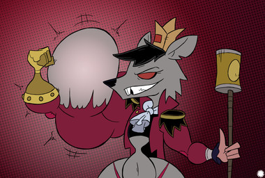 4_fingers anthro armor black_hair bottom_heavy buckteeth clothing crop_top crossbar_emanata crown curvy_figure emanata eyelashes fangs femboy fingers flash_emanata flexing flexing_bicep fur gauntlets gloves glowing grey_body grey_fur grin growth hair halftone_background handwear headgear hyper_biceps logo male muscle_growth navel pattern_background red_eyes shirt simple_background small_waist smile solo staff teeth text thong_straps topwear torn_clothing wide_hips thatdawgmurray disney marvel moon_girl_and_devil_dinosaur rat_king_(moon_girl_and_devil_dinosaur) mammal murid murine rat rodent aliasing artist_logo artist_name digital_media_(artwork) halftone hi_res signature