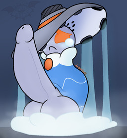 anthro balls big_balls big_penis bodily_fluids clothed clothing clothing_lift crying dress dress_lift erection frown genitals gynomorph hat headgear headwear huge_balls huge_penis hyper hyper_balls hyper_genitalia hyper_penis intersex penis solo standing steam teardrop tears water apollysabyss cassette_beasts fountess_(cassette_beasts) humanoid 2023 digital_media_(artwork) trans_(lore) trans_woman_(lore)