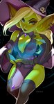 4_fingers belt blonde_hair blue_eyes bone bottomwear breasts cleavage clothed clothing ear_piercing ear_ring eyebrows eyelashes facial_piercing female fingerless_gloves fingers gloves green_body green_skin hair handwear hat headgear headwear humanoid_pointy_ears legwear loincloth long_hair looking_at_viewer magic magic_user nose_piercing not_furry piercing pointy_ears ring_piercing shirt skull sleeves smile solo text thigh_highs topwear vial witch_hat maewix_(artist) goblin humanoid 2022 absurd_res artist_name hi_res