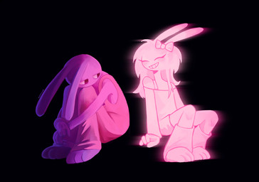 accessory anthro big_ears black_background bow_ribbon clothing eyes_closed female gloves hair hair_accessory hair_bow hair_ribbon handwear humanoid_hands leg_warmers legwear long_hair off-shoulder_top overalls ribbons simple_background smile smiling_at_self solo kamyiin glitch_productions the_amazing_digital_circus gooseworx's_post-transition_jax_design jax_(tadc) 2026 digital_media_(artwork) english_description hi_res trans_(lore) trans_woman_(lore)