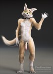 anthro collar fur genitals gesture green_eyes male mostly_nude nude penis realistic simple_background smile smiling_at_viewer solo standing waving yellow_body yellow_fur furflection hufie_(furflection) 3d_(artwork) digital_media_(artwork)