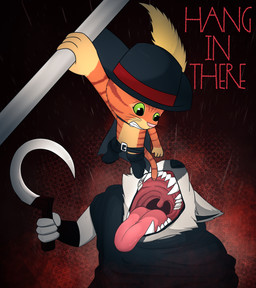 anthro arm_wrapping arm_wraps belt boots cape clenched_teeth cloak clothing dangling dangling_legs duo fangs footwear fur fuzzy green_eyes hanging_on hat headgear headwear high-angle_view holding_object holding_weapon imminent_vore larger_pred looking_down male motivational_poster nervous open_mouth orange_body orange_fur peril pole poncho raining scared sharp_teeth shoes sickle simple_background size_difference tail teeth text tongue tongue_out uvula waiting weapon whiskers white_body white_fur willing_pred wrapped_arms wraps estronate dreamworks hang_in_there puss_in_boots_(franchise) death_(puss_in_boots) puss_in_boots_(dreamworks) canid canine canis domestic_cat felid feline felis mammal tabby_cat wolf digital_media_(artwork) hi_res