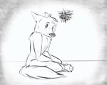 anthro dot_eyes fluffy fluffy_tail fur male pointy_ears prick_ears sitting sitting_on_ground snout solo tail undeadsparrow canid canine fox mammal 5:4 line_art monochrome