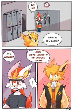 accessory anthro blonde_hair bomber_jacket clothing dialogue duo ear_piercing femboy fur hair hair_accessory hairband locker locker_room male male/male piercing red_hair shirt sound_effects speech_bubble text topwear white_body white_fur yellow_body yellow_fur horny_imp nintendo pokemon jolt_(horny_imp) loren_(horny_imp) cinderace eeveelution generation_1_pokemon generation_8_pokemon jolteon lagomorph leporid mammal pokemon_(species) rabbit comic english_text hi_res multiple_scenes