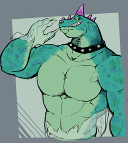 abs anthro biceps collar facial_piercing green_body green_scales head_spikes male multicolored_claws muscular muscular_anthro muscular_male neck_piercing nose_piercing pecs piercing purple_spikes scales shedding shedding_skin shirtless_anthro shirtless_male solo spikes spikes_(anatomy) studded_collar studs teeth yellow_sclera paqaaqap goat_(movie) sony_corporation sony_pictures modo_olachenko komodo_dragon lizard monitor_lizard reptile scalie 2026 digital_media_(artwork) hi_res