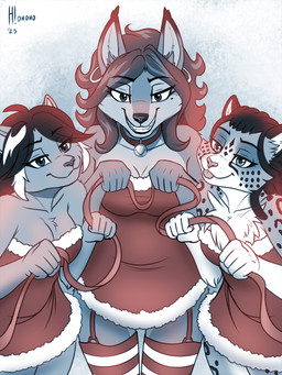 anthro breasts clothing dress female fur grin group hair holidays legwear markings ribbons smile spots spotted_body spotted_fur stockings teeth tongue tongue_out trio heresy_(artist) christmas hanna-barbera sly_cooper_(series) sony_corporation sony_interactive_entertainment sucker_punch_productions swat_kats twokinds adira_riftwall carmelita_fox felina_feral canid canine domestic_cat felid feline felis fox keidran mammal pantherine snow_leopard 2025 hi_res signature