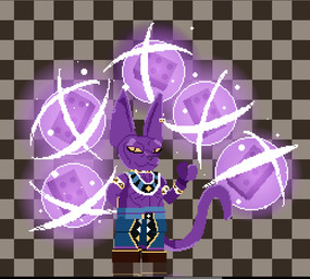 anthro big_ears black_eyes blue_bottomwear blue_clothing blue_pants bottomwear bracelet brown_clothing brown_footwear brown_shoes checkered checkered_background clothing ear_piercing footwear front_view hand_behind_head jewelry long_tail looking_at_viewer male pants pattern_background piercing pupils purple_body shoes simple_background slit_pupils smile solo tail yellow_sclera shotaalter dragon_ball dragon_ball_super lego beerus alien domestic_cat felid feline felis lego_minifigure mammal digital_media_(artwork) pixel_(artwork)