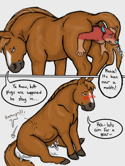 anal anal_penetration anal_vore anthro anthro_on_feral anus bestiality blue_ears blue_eyes blue_nose brown_body brown_fur butt dialogue dominant duo endosoma feet_first feral fur hair intestinal_bulge larger_dom larger_feral living_buttplug living_insertion long_term_endosoma male male/male nude partially_inside penetration permanent_endosoma safe_vore simple_background sitting size_difference smaller_anthro tail talking_feral text vore hgythshs tula_wolf canid canine canis equid equine horse mammal red_wolf wolf 3:4 absurd_res comic digital_media_(artwork) english_text hi_res