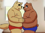 anthro belly_to_belly blush bodily_fluids brown_body brown_fur bulge bulge_frottage clothed clothing duo erection erection_under_clothing eyebrows frottage fur hand_holding humanoid_hands kemono male male/male nipples overweight overweight_male penile sex sweat tail thick_eyebrows kick_(artist) bear canid canine canis domestic_dog mammal 2020 4:3 animated no_sound short_playtime webm