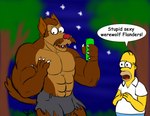 anthro balding brown_body brown_fur claws duo eyewear facial_hair fangs fur glasses male muscular mustache teeth text yellow_body yellow_skin caseyljones 20th_century_fox gracie_films mythology the_simpsons treehouse_of_horror homer_simpson ned_flanders werewolf_flanders canid canine canis human mammal mythological_canine mythological_creature werecanid werecanine werecreature werewolf wolf english_text