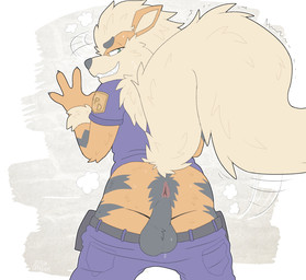 anthro anus backsack balls black_balls black_body black_fur bottomwear bottomwear_down butt claws clothed clothing finger_claws fingers fur genitals grin male orange_body orange_butt orange_fur pants pants_down partially_clothed perineum presenting presenting_hindquarters raised_tail smile solo tail teeth graedius_(artist) nintendo pokemon fan_character arcanine generation_1_pokemon pokemon_(species)