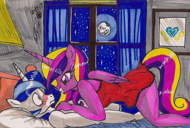 anthro anthrofied bed bedroom blush bodily_fluids duo eye_contact feathered_wings feathers female female_on_top furniture heart_symbol horn inside looking_at_another lying male male/female male_on_bottom moon night on_back on_bottom on_top pillow straddling sweat tail wings newyorkx3 friendship_is_magic hasbro my_little_pony mythology princess_cadance_(mlp) shining_armor_(mlp) equid equine mammal mythological_creature mythological_equine unicorn winged_unicorn 2013