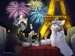 alcohol angel anthro beverage canid canine canis champagne champagne_bottle champagne_flute clothed clothing demon digital_media_(artwork) drake_morningstar duo eiffel_tower fireworks fur green_eyes grey_body grey_fur hair male mammal red_eyes romantic romantic_ambiance romantic_couple smile talilly white_body white_fur wolf