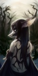 anthro black_hair clothing female fur grey_body hair long_hair looking_at_viewer looking_back markings scar solo maelice unknown_species