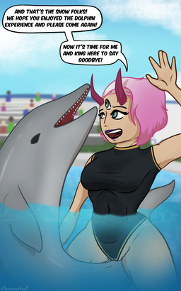 3_eyes bestiality breasts clothing exhibitionism female female_on_feral feral gradient hair horn medium_breasts multi_eye pink_hair public public_sex risky_sex sex short_hair side_shave speech_bubble swimming_pool swimsuit_only swimwear tail text scorchedrose9 terebi aquatic cetacean dolphin humanoid mammal toothed_whale 5:8 english_text hi_res