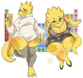 4_toes 5_fingers anisodactyl anthro big_breasts blush body_blush breasts buckteeth claws clothed clothing coat curvy_figure dress eyelashes eyewear feet female fingers footwear fully_clothed glasses green_eyes high-angle_view high_heels holding_test_tube hourglass_figure lab_coat laboratory_equipment laboratory_glassware legwear looking_at_viewer nipple_outline nipples non-mammal_breasts non-mammal_nipples outline periodic_table scientific_instrument shoes sitting slightly_chubby smile solo spots standing stockings suggestive_pose tail teeth test_tube thick_tail thick_thighs toe_claws toes topwear torn_clothing torn_legwear torn_stockings white_outline wide_hips yellow_body yellow_skin magedon undertale_(series) alphys reptile scalie hi_res