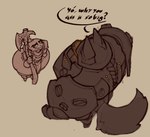 anthro armor axe big_butt butt duo female huge_butt huge_hips male short_stack simple_background size_difference speech_bubble tail wide_hips thecoatl034 canid canine kobold mammal reptile scalie hi_res