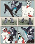 abs angry anthro bodily_fluids clothed clothing duo featureless_crotch fight forest fur gloves grey_body grey_fur grey_wings hair handwear male plant punch standing tears text topless topless_male tree white_hair wings 60percentscalie dovak vauruk bat demon mammal comic english_text hi_res