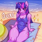 anthro beach blush breasts cleavage clothed clothing female horn looking_at_viewer purple_eyes sand smile solo sparkles swimwear water juxi friendship_is_magic hasbro my_little_pony mythology twilight_sparkle_(mlp) equid equine mammal mythological_creature mythological_equine unicorn 1:1 hi_res