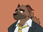 anthro black_nose brown_body brown_fur brown_hair clothing dress_shirt eyebrows formal_clothing fur hair male necktie open_mouth orange_background ponytail shirt simple_background snout solo suit_jacket thick_eyebrows topwear white_clothing white_shirt white_topwear yellow_eyes yellow_necktie savy_(artist) beacon_pines augustus_valentine boerboel canid canine canis domestic_dog mammal 2022 4:3 bust_portrait digital_drawing_(artwork) digital_media_(artwork) firealpaca_(artwork) flat_colors hi_res portrait