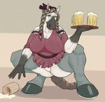 alcohol anthro barmaid beer beer_mug beverage big_breasts big_hooves braided_hair breasts cleavage clothed clothing crouching dress ear_piercing eyelashes female fingers fur hair holding_object hooves horseshoe legwear nipple_outline panties piercing serving serving_beverage solo thick_thighs thigh_highs underwear unguligrade upskirt waiter wide_hips snakedakyoot equid equine horse mammal digital_media_(artwork) hi_res