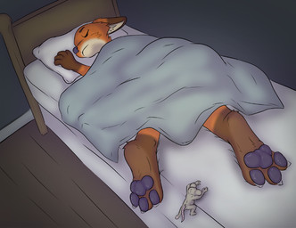 3_toes anthro bed bed_covers bed_sheet bedding bedroom big_ears brown_body butt claws climbing duo extreme_size_difference eyes_closed feet foot_fetish foot_focus fur furniture grey_body high-angle_view hindpaw lying male male/male micro night nude on_front orange_body pawpads paws pillow size_difference soles tail toe_claws toes kiwifizz disney zootopia nick_wilde canid canine fox house_mouse mammal mouse murid murine red_fox rodent true_fox hi_res