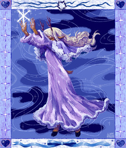 4_fingers anthro antlers blonde_hair border bow_ribbon breasts clothing elemental_manipulation eyes_closed female fingers frown hair heart_symbol hooves horn ice_manipulation long_hair ring robe scut_tail short_tail small_breasts snowflake snowgrave solo sparkles tail text thorns wind lupefunzos deltarune undertale_(series) noelle_holiday deer mammal new_world_deer reindeer artist_name hi_res