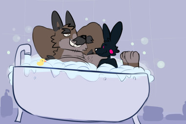 anthro armpit_hair bath bathing bathroom bathtub big_muscles big_pecs black_body black_fur body_hair brown_body brown_fur bubble bubble_bath claw_foot_bathtub duo eye_contact facial_hair fur hands_behind_head long_ears looking_at_another male multicolored_body multicolored_fur muscular mustache pecs pink_eyes rubber_duck smile soap teeth toy two_tone_body two_tone_fur water yellow_eyes young young_anthro clawzetto clause_(character) francis canid canine canis domestic_dog herding_dog lagomorph leporid mammal pastoral_dog rabbit welsh_corgi digital_media_(artwork)