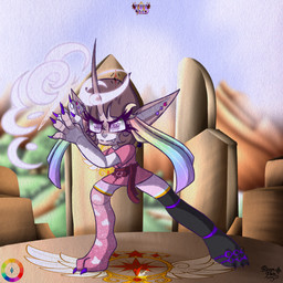 action_pose anthro bottomwear claws clothing fantasy female horn loincloth magic pose solo standing stylized ravyn_pain humanoid 1:1 absurd_res colorful_theme digital_media_(artwork) full-length_portrait hi_res model_sheet portrait