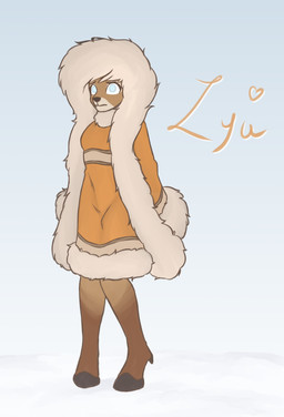 anthro biped blind brown_body brown_fur clothing coat disability female fur gradient_background heart_symbol parka simple_background snow solo standing text topwear traditional_dress sneetymist lya_the_reindeer deer mammal new_world_deer reindeer 2021 absurd_res character_name hi_res
