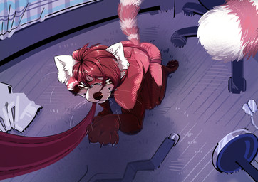 anthro clothing eyewear glasses jockstrap leash leash_pull male pawpads paws solo submissive submissive_male underwear weirdcathq kouki_(athelwah) ailurid mammal red_panda absurd_res hi_res