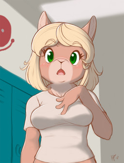 anthro blonde_hair blush breasts clothed clothing female green_eyes hair open_mouth school solo ajin mammal species_request 2020 hi_res