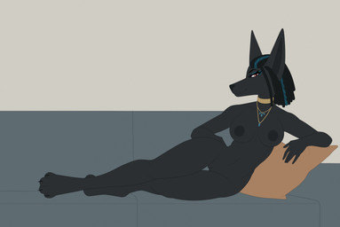 anthro areola breasts eye_contact female female_anthro furniture genitals hair looking_at_another lying nipples nude on_side paws pose sofa solo thigh_gap vulva elcastorblanco canid canine mammal 2024 digital_drawing_(artwork) digital_media_(artwork) english_description hi_res