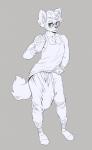 anthro big_bulge bottle bottomwear bulge clothed clothing container eyewear footwear glasses huge_bulge legwear looking_at_viewer male pants shirt socks solo tank_top topwear boosterpang kayde african_wild_dog canid canine mammal absurd_res hi_res monochrome