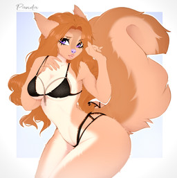 5_fingers anthro big_butt big_tail black_bra black_clothing black_thong black_underwear bra butt clothed clothing collarbone eyelashes female fingers fur hair long_hair orange_body orange_fur orange_hair pose purple_eyes purple_nose small_waist solo tail tan_body tan_fur thong underwear underwear_only bambolbi mammal rodent sciurid tree_squirrel 2023 hi_res portrait three-quarter_portrait