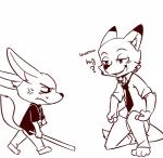 2016 3_toes absurd_res angry anthro barefoot big_head black_and_white bottomwear canid canine clothed clothing cross-popping_vein dialogue dipstick_ears disney duo ear_markings english_text feet fennec_fox finnick_(zootopia) fox hi_res holding_object inner_ear_fluff kneeling looking_at_another male male/male mammal monochrome multicolored_ears necktie nick_wilde pants question raised_tail red_fox saku1saya shirt simple_background size_difference smile tail text toes topwear true_fox tuft walking white_background zootopia