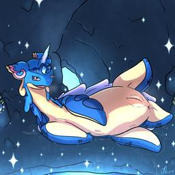 1_horn animal_genitalia animal_vulva anus bedroom_eyes belly blue_body blue_eyes blue_markings blush blush_lines bodily_fluids cave cetacean_genitalia cetacean_vulva clitoris crown crystal_cave eyelashes female feral flippers genital_fluids genitals half-closed_eyes headgear horn long_neck lying markings multicolored_body multicolored_ears narrowed_eyes nude on_side open_mouth pink_eyes plump_labia pose presenting presenting_vulva seductive shell short_tail side_view skin_folds solo sparkles spreading tail tan_belly tan_body tiara tongue two_tone_body unicorn_horn unusual_ears vaginal_fluids vulva wet fridaylugia nintendo pokemon tiara_(fridaylugia) aquatic audino cetacean generation_1_pokemon generation_5_pokemon hybrid lapras mammal pokemon_(species) scalie 1:1 2026 digital_media_(artwork) hi_res signature