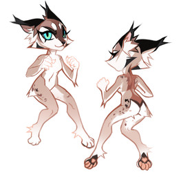 anthro arm_tuft black_nose blue_eyes brown_body brown_fur butt cheek_tuft chibi closed_smile ear_tuft elbow_tuft eyelashes facial_tuft female fur looking_at_viewer mouth_closed nude pawpads red_pawpads simple_background slight_smile smile solo tuft white_background white_body white_fur unknowhiter 2021