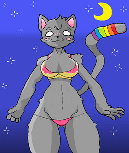anthro blush blush_lines blush_stickers bra clothing female fur grey_body grey_fur moon night panties rainbow solo star underwear cool_cola nyan_cat_(copyright) nyan_cat domestic_cat felid feline felis mammal meme
