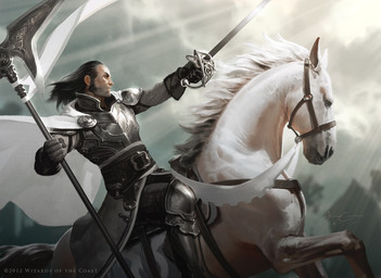 ambiguous_gender armor black_hair cape clothing duo feral hair holding_melee_weapon holding_object holding_sword holding_weapon male melee_weapon paladin polearm riding straddling sword weapon jason_chan hasbro magic:_the_gathering wizards_of_the_coast equid equine horse human mammal 2012 official_art