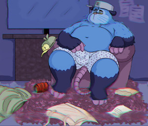 anthro balls_outline belly bulge clothing detailed_background detailed_bulge furniture genital_outline male navel overweight overweight_male penis_outline sitting sofa solo underwear weabearsz american_opossum mammal marsupial 2026 hi_res