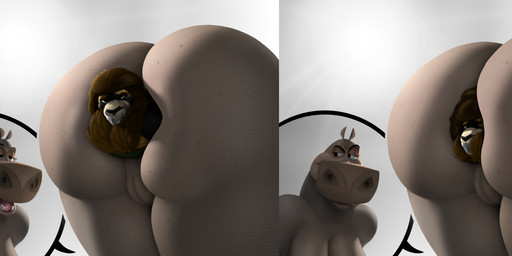 anal anal_head_gulp anal_vore annoyed anthro bedroom_eyes big_butt breasts butt butt_focus butt_shot close-up close_up_panel duct_tape duo female gag gagged genitals looking_back looking_pleasured looking_worried male male/female narrowed_eyes open_mouth rear_view seductive smile smirk smirking_pred tape tape_gag teeth unwilling_prey vore vulva dolphysoul dreamworks madagascar_(series) gloria_(madagascar) okory common_hippopotamus felid hippopotamid lion mammal pantherine absurd_res hi_res